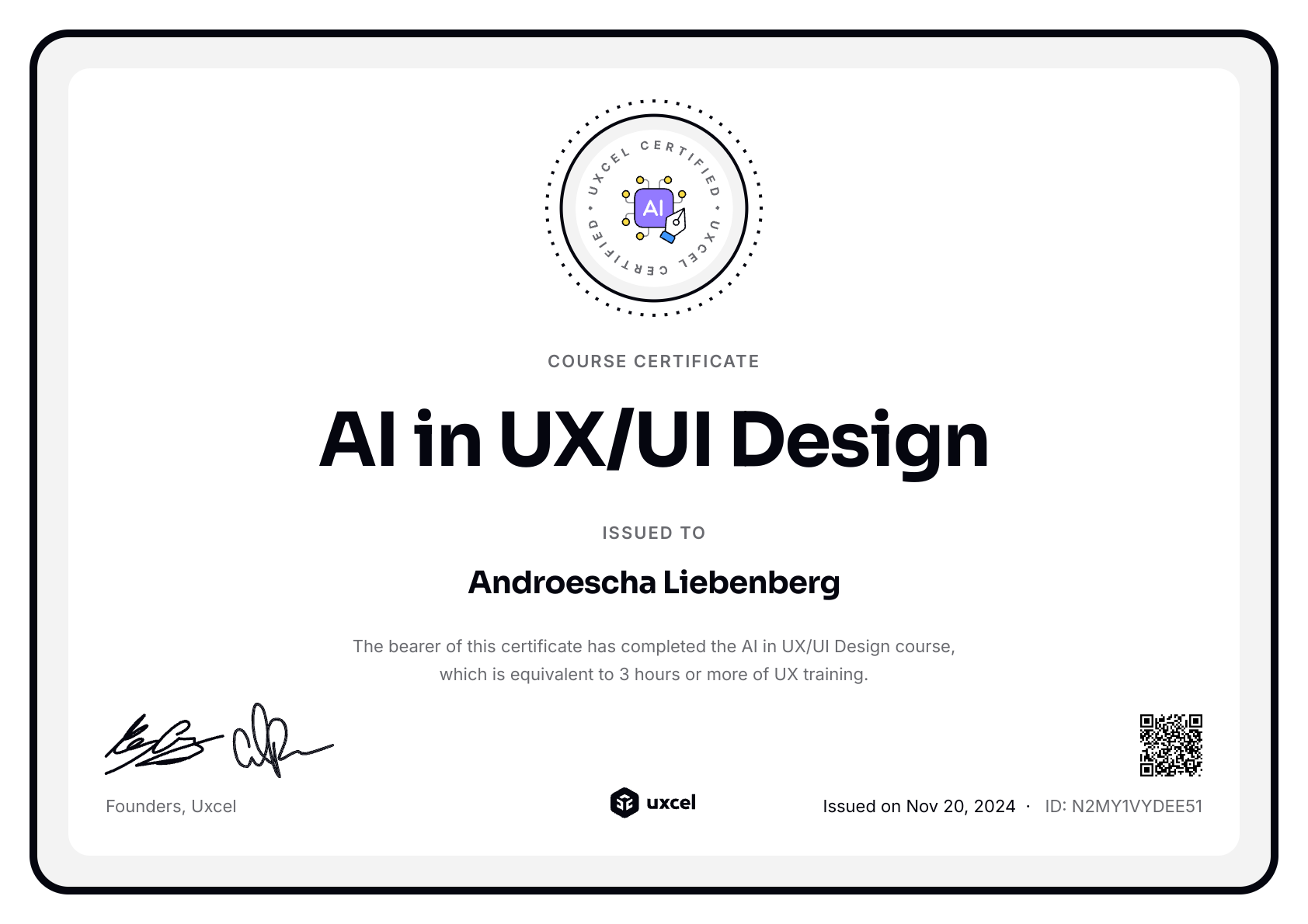 Androescha Liebenberg's certificate